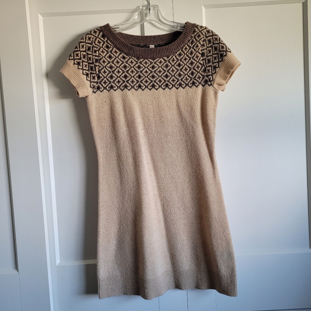 Wool Knit Sweater Mini Dress Tan and Brown